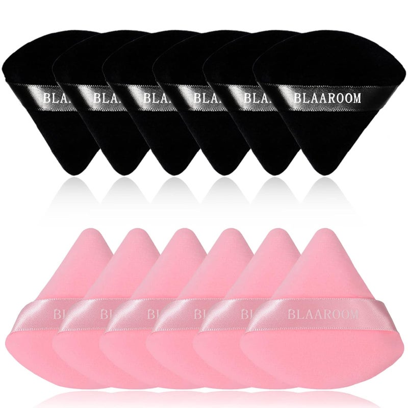 BLAAROOM 12 Pieces Velour Pure Cotton Powder Puff Face Makeup Triangle Powder Puffs for Loose Powder Wet Dry Cosmetic Foundation Beauty Sponge Makeup Tools -Black & Pink - Image 1